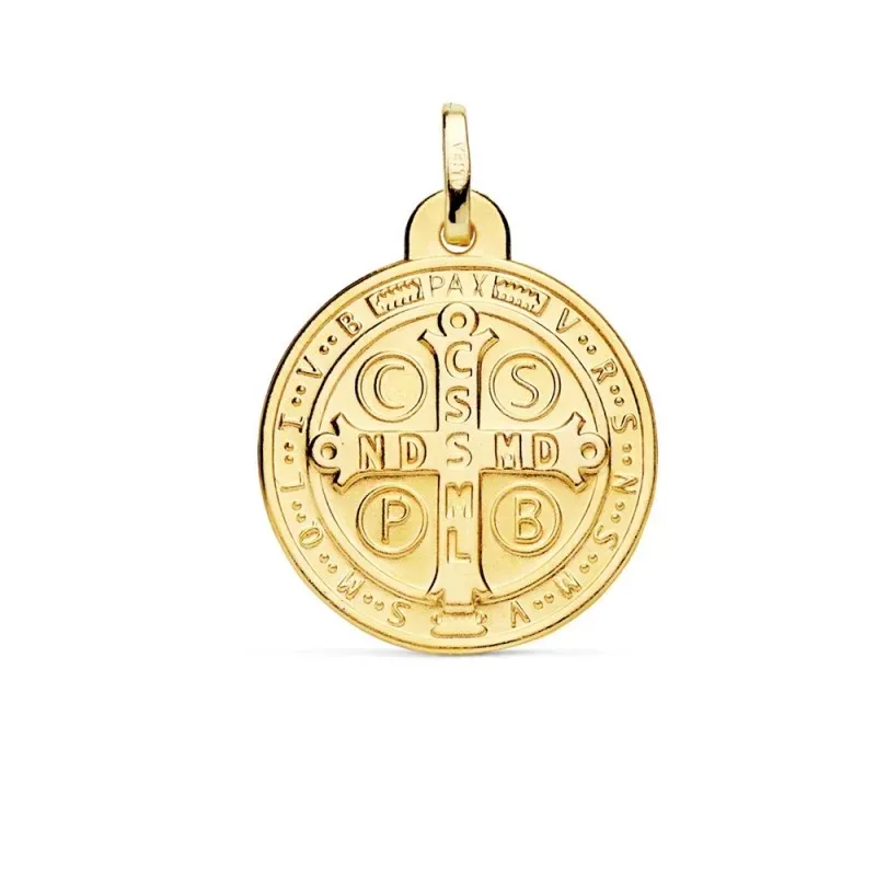 Medalla oro  18k escapulario San Benito monje 24mm. brillo relieve