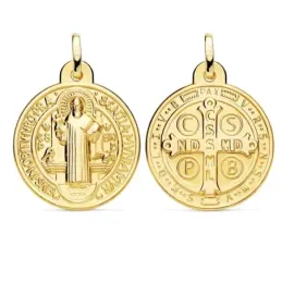 Medalla oro  18k escapulario San Benito monje 24mm. brillo relieve