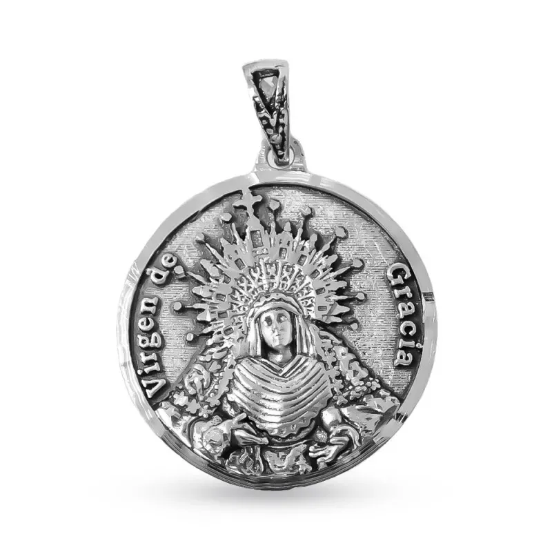 Virgen Gracia Medalla Plata de Ley 925m maciza de 22 mm. en relieve.