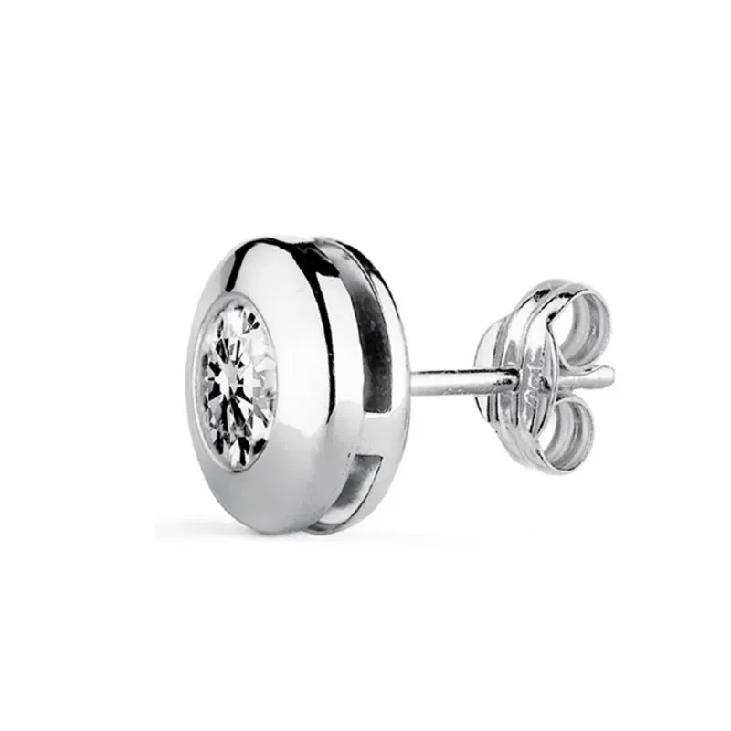 Pendiente suelto medio par oro blanco 18k chatón circonita 8mm. cierre presión mujer [AC1660]