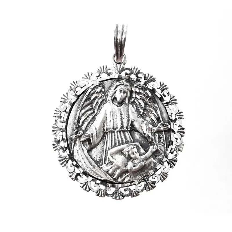Ángel de la Guarda medalla plata Ley 925m unisex 36 mm. cerco detalle
