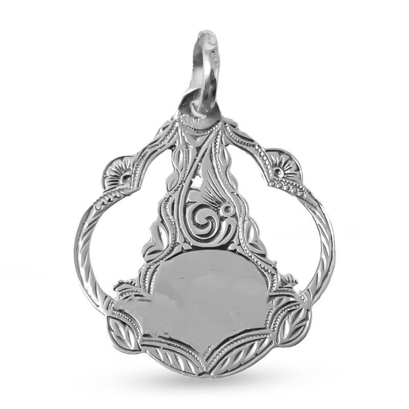 Virgen del Rocío Medalla Plata Ley 925m maciza 29 mm. pandereta. Grab
