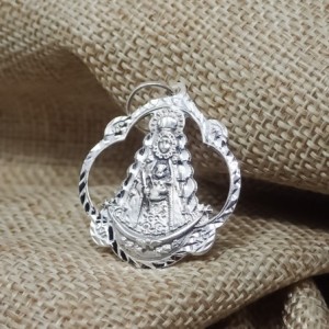 Virgen del Rocío Medalla Plata Ley 925m maciza 29 mm. pandereta. Grab