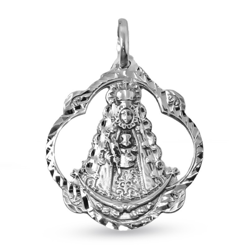 Virgen del Rocío Medalla Plata Ley 925m maciza 29 mm. pandereta. Grab