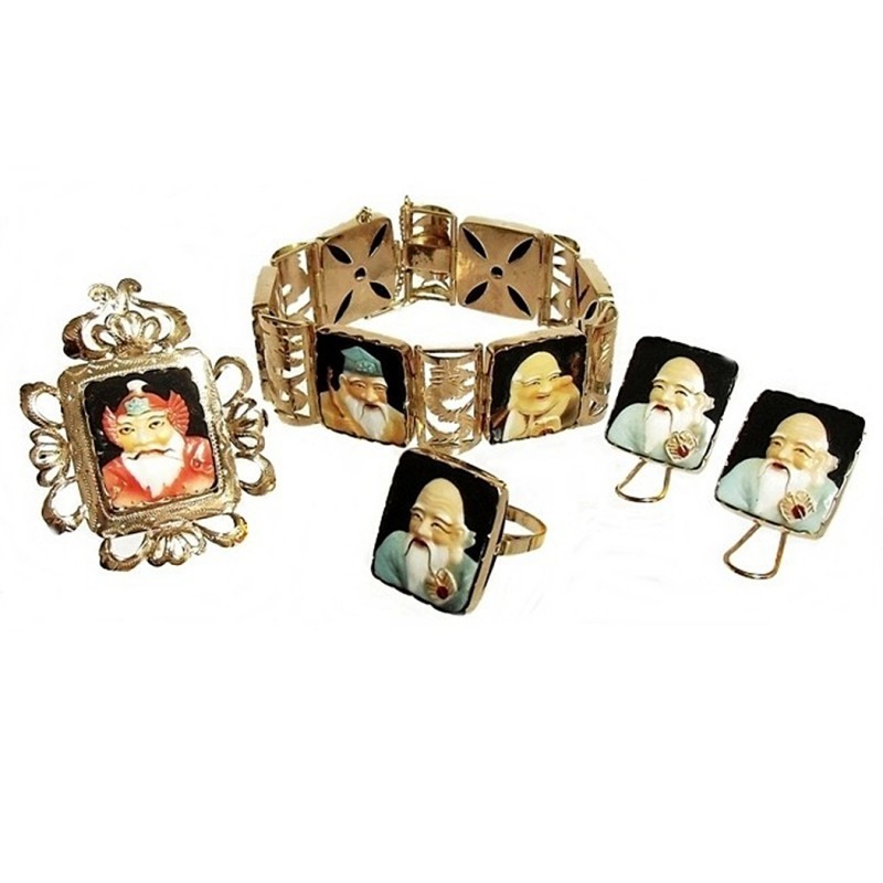 Juego oro 18k caras orientales dioses chinos amor cerámica [265J]