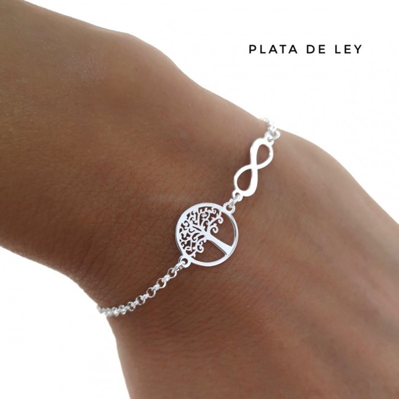 Pulsera plata Ley 925m cadena rolo 17cm. detalles Árbol de la Vida infinito cierre mosquetón