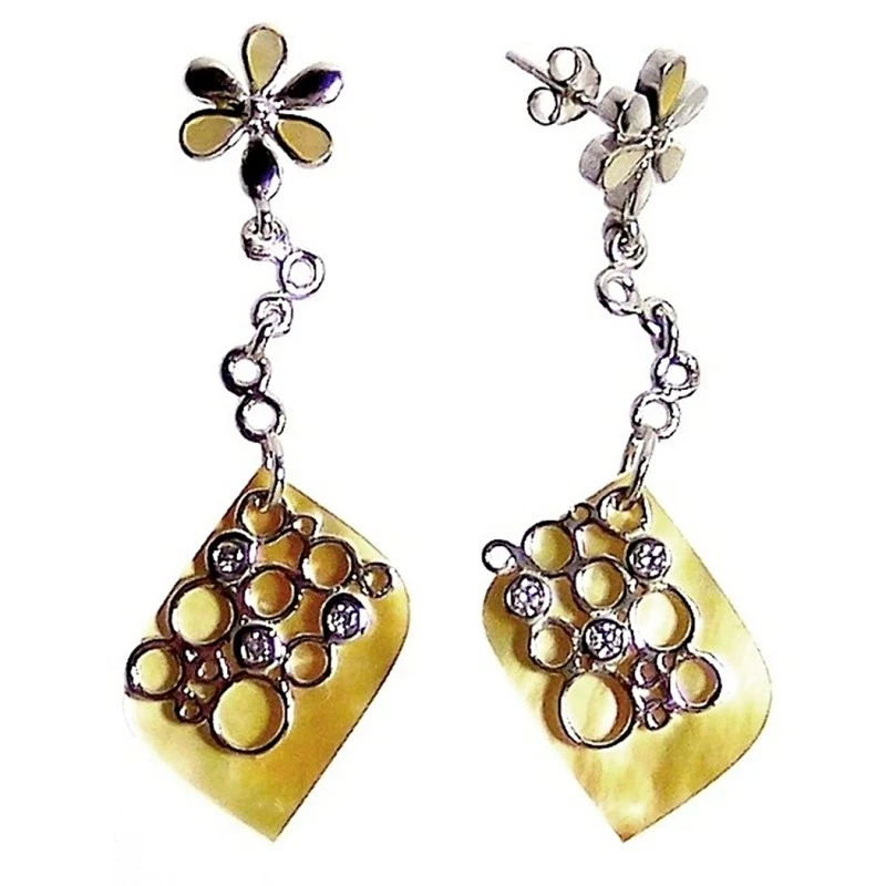 Juego plata Ley 925m rodiada pendientes gargantilla sortija talla 18 motivos flores fondo nacarado