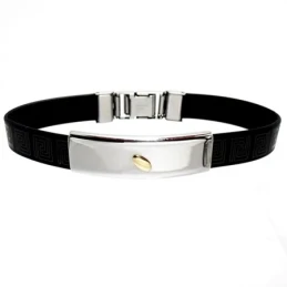 Pulsera acero inoxidable caucho negro motivo detalle oro