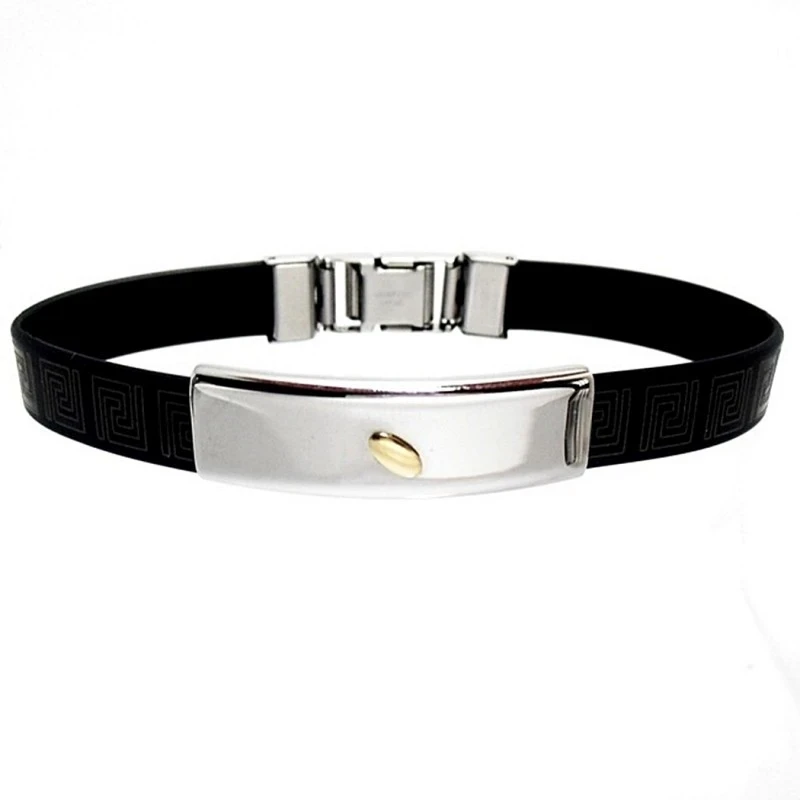 Pulsera acero inoxidable caucho negro motivo detalle oro