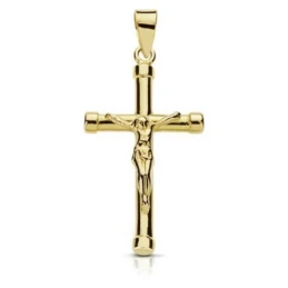 Crucifijo oro 18k Cristo bicolor palo redondo chatones [7941]