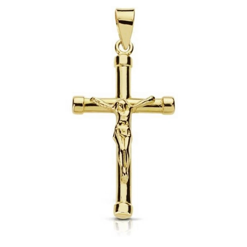 Crucifijo oro 18k Cristo bicolor palo redondo chatones [7941]