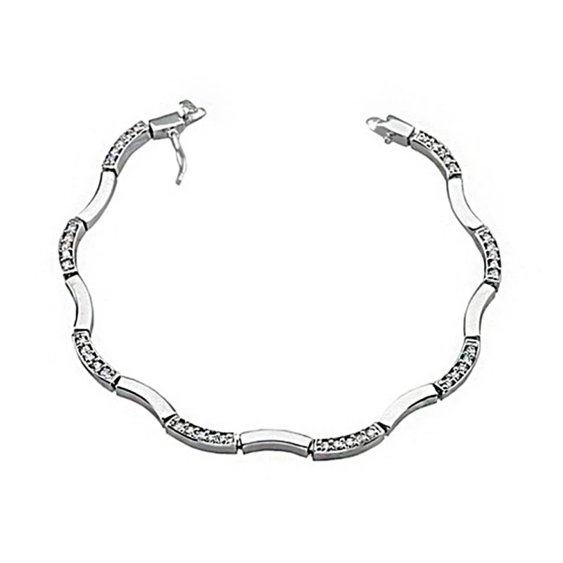 Pulsera plata Ley 925m 19cm. rodiada onda brillo circonita semirígida