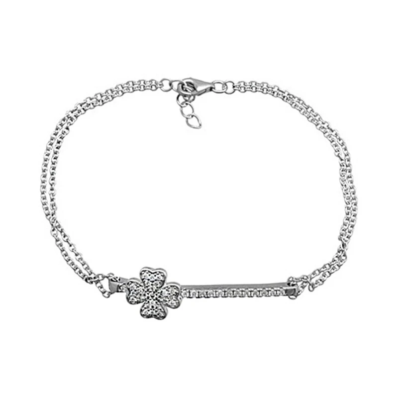 Pulsera plata Ley 925m rodiada 17.5cm. doble cadena centro cuatrébol circonitas