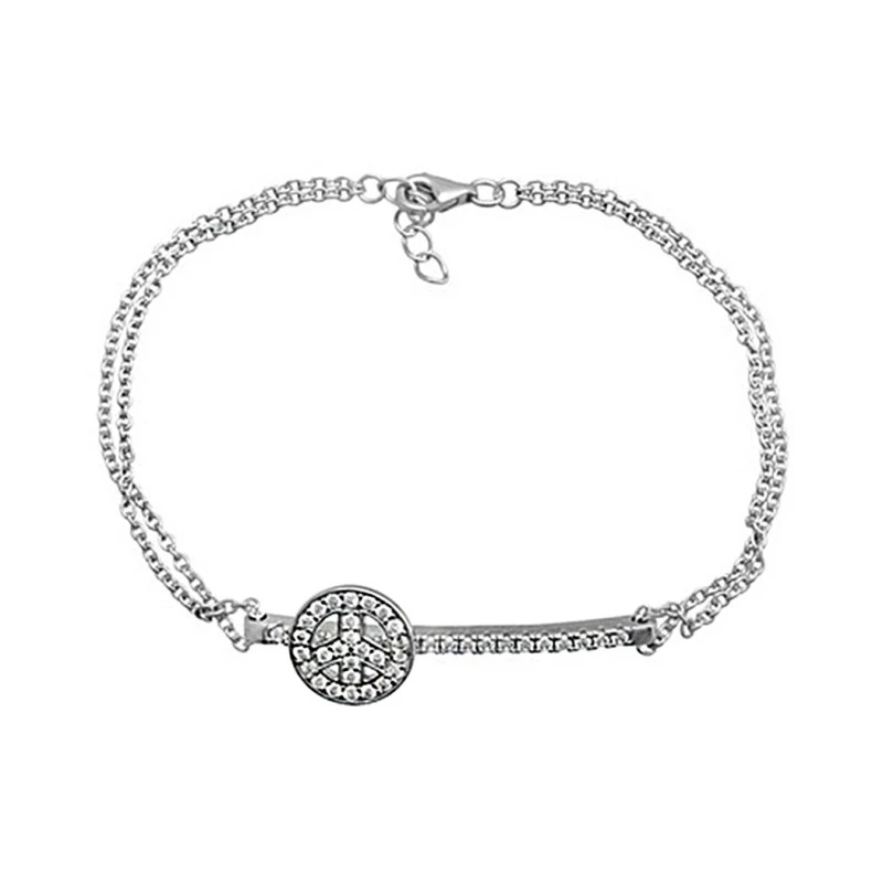 Pulsera plata Ley 925m 16cm. doble cadena rodiada centro paz amor circonitas