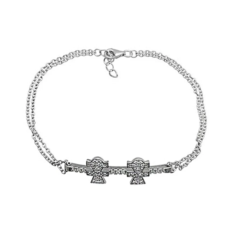 Pulsera plata Ley 925m 17cm. doble cadena rodiada motivo dos niñas circonitas