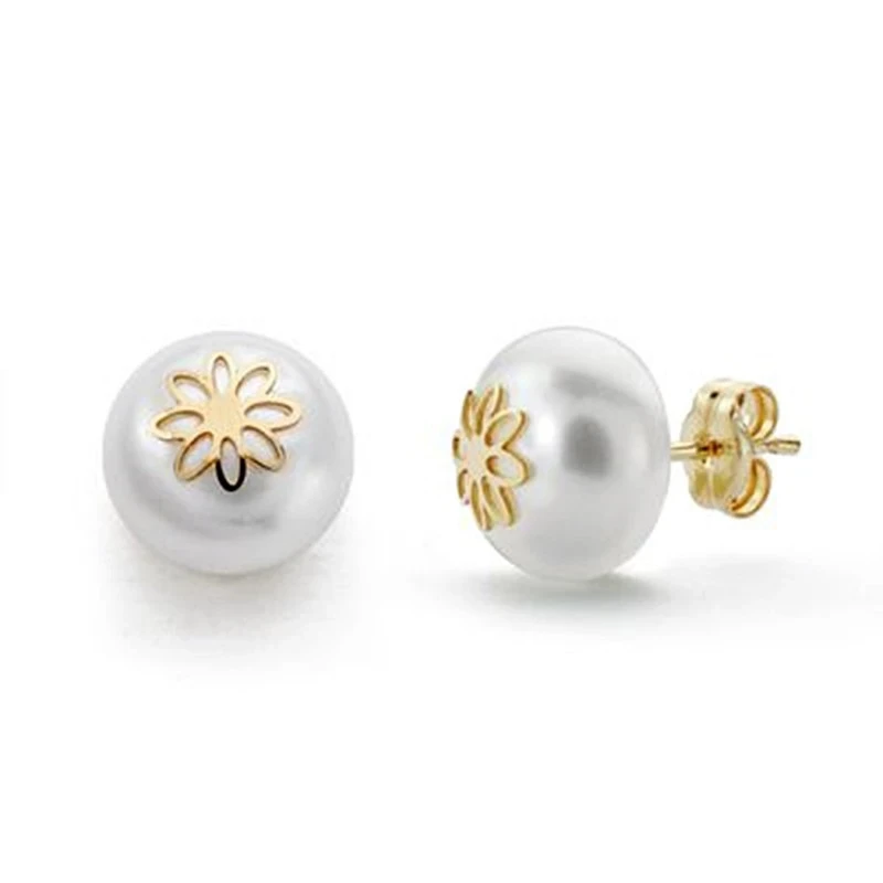 Pendientes oro 18k perla 9mm. flor [AA0248]