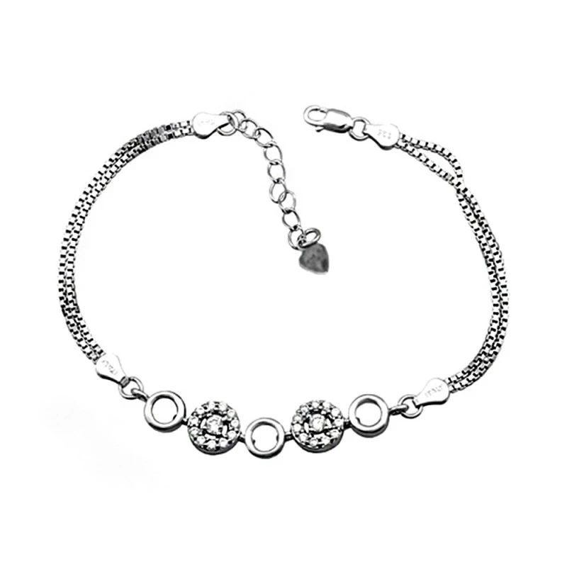 Pulsera plata Ley 925m. rodiada 2 cadenas círculos brillo [AA4208]