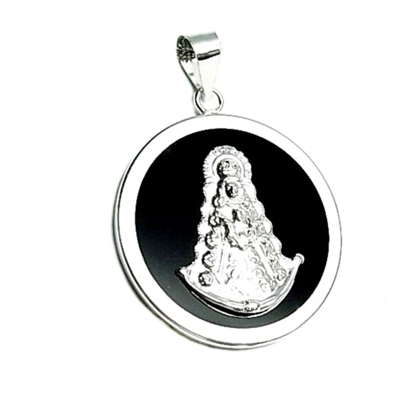 Colgante plata ley 925m 40mm. piedra negra Virgen Cabeza [AA8481]