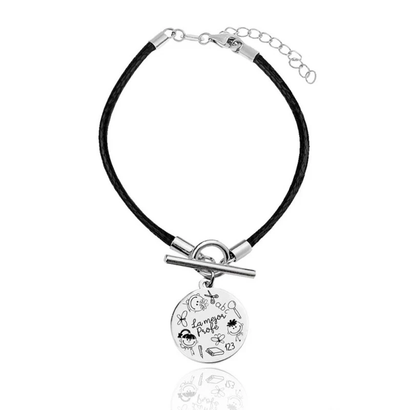 Pulsera plata Ley 925m Verutia 16cm. chapa mención LA MEJOR PROFE cuero cierre adorno [AC1484GR]