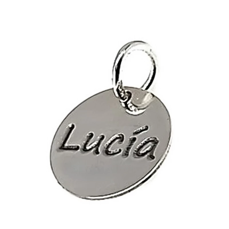 Colgante plata Ley 925m disco 12mm. liso personalizado asa abierta para pulsera o gargantilla