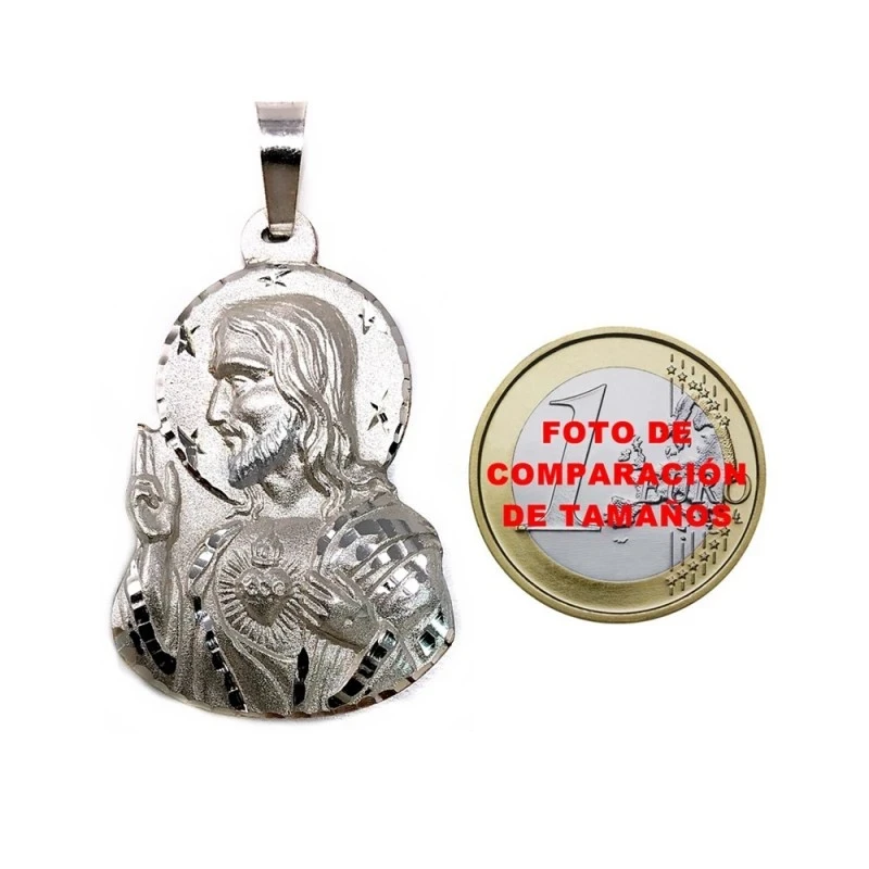 Colgante plata Ley 925m silueta 40mm. imagen Sagrado Corazón relieve