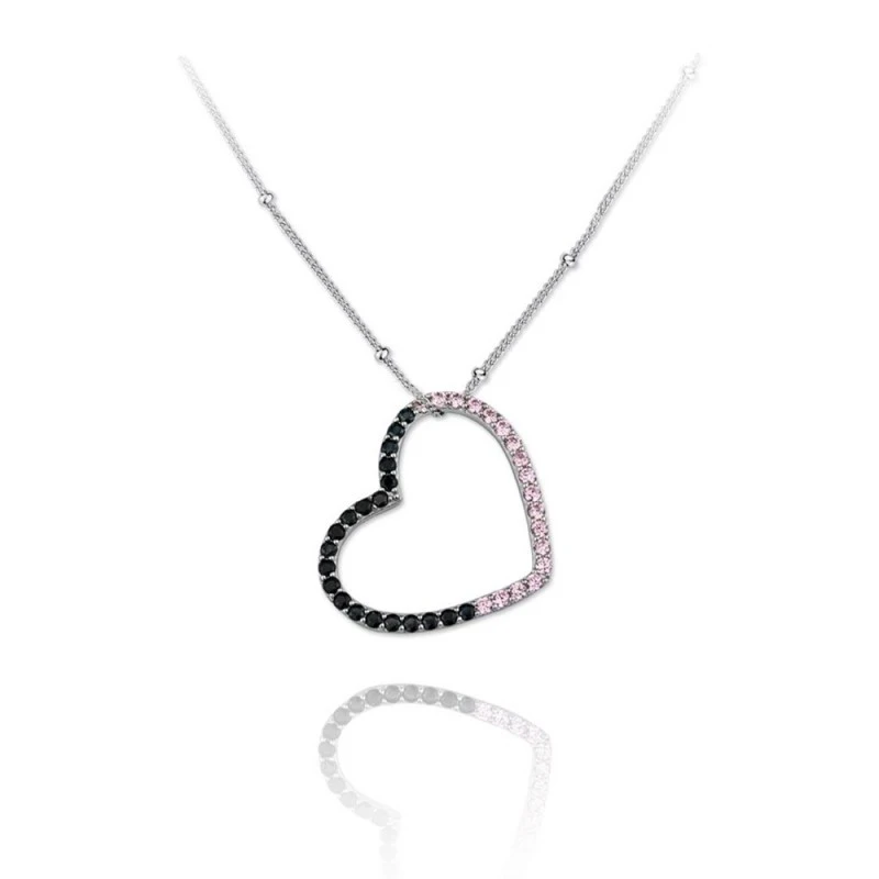 Gargantilla plata Ley 925m rodiada Verutia Galena 42cm. corazón circonitas rosas negras cadena bolas
