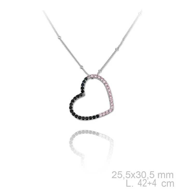 Gargantilla plata Ley 925m rodiada Verutia Galena 42cm. corazón circonitas rosas negras cadena bolas