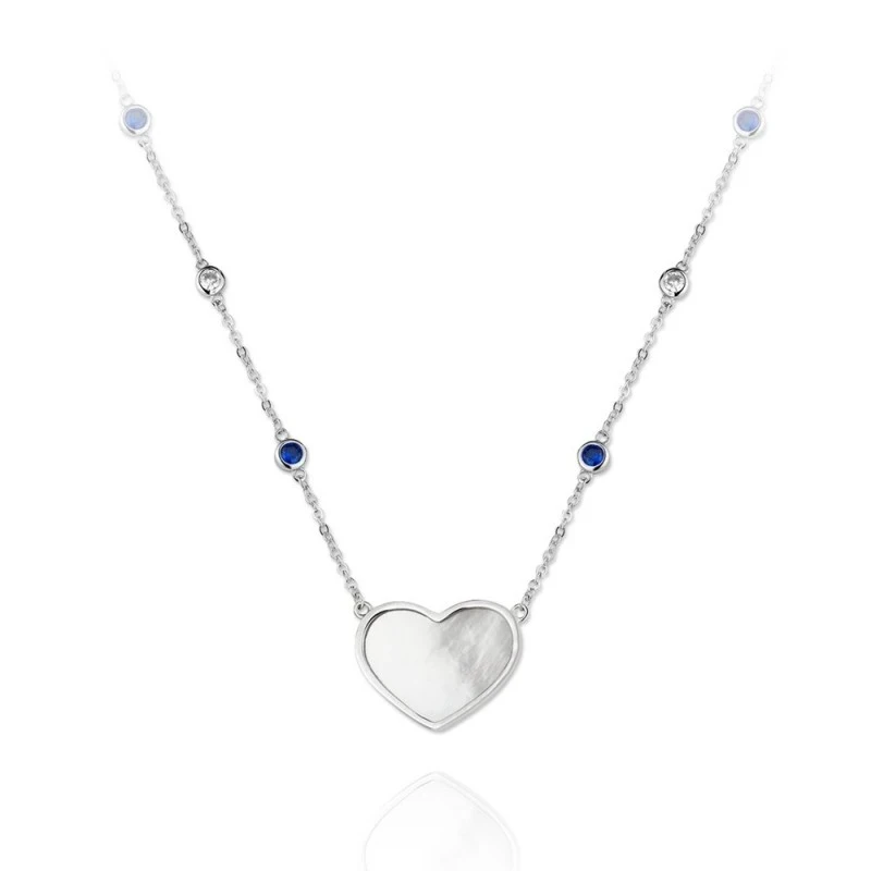 Gargantilla plata Ley 925m rodiada Verutia Itzia 42cm. corazón nácar circonitas azules blancas