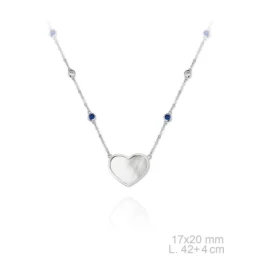 Gargantilla plata Ley 925m rodiada Verutia Itzia 42cm. corazón nácar circonitas azules blancas