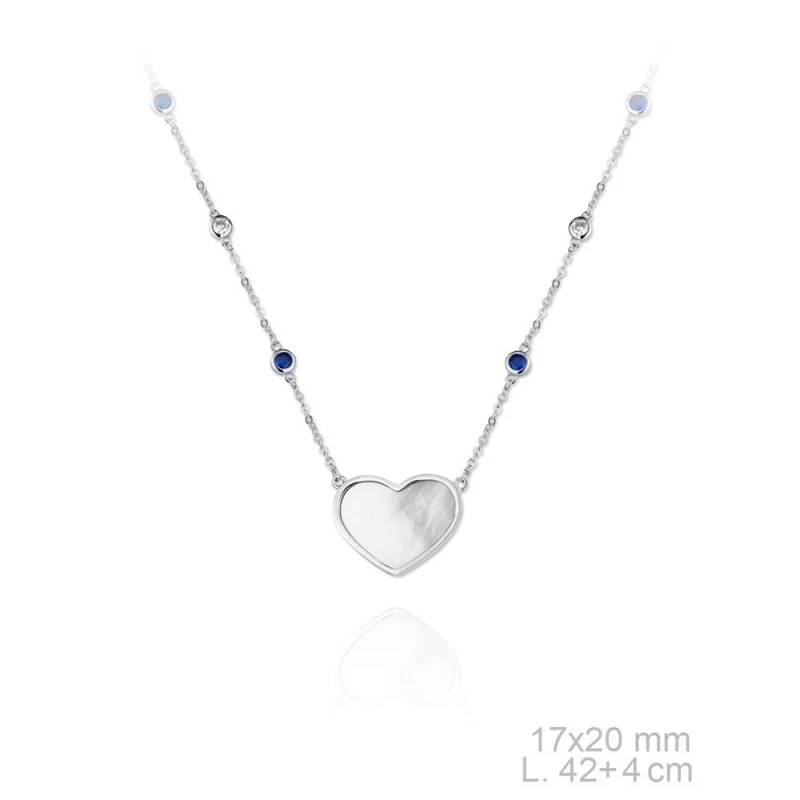 Gargantilla plata Ley 925m rodiada Verutia Itzia 42cm. corazón nácar circonitas azules blancas