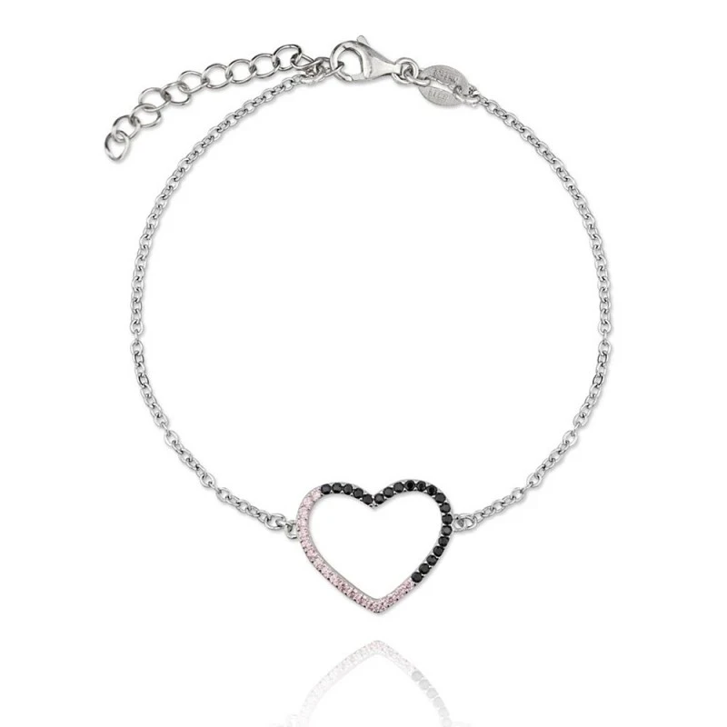 Pulsera plata Ley 925m rodiada Verutia Irene 16.5cm. corazón circonitas engastadas rosas negras
