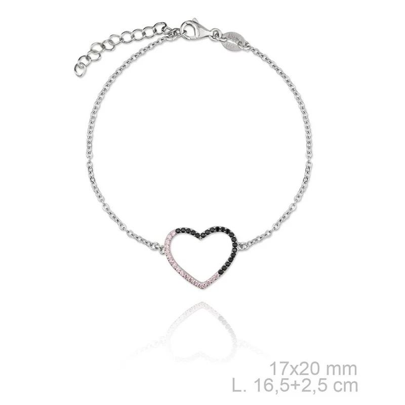 Pulsera plata Ley 925m rodiada Verutia Irene 16.5cm. corazón circonitas engastadas rosas negras