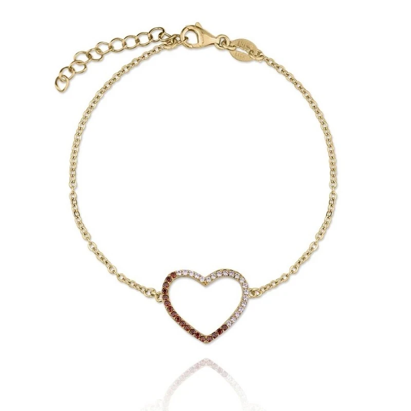 Pulsera plata Ley 925m dorada Verutia Julieta 16.5cm. corazón circonitas engastadas rosas naranjas