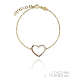 Pulsera plata Ley 925m dorada Verutia Julieta 16.5cm. corazón circonitas engastadas rosas naranjas