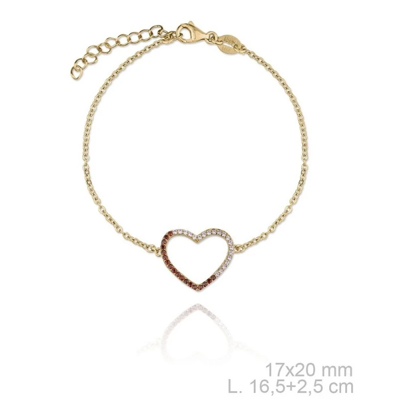 Pulsera plata Ley 925m dorada Verutia Julieta 16.5cm. corazón circonitas engastadas rosas naranjas