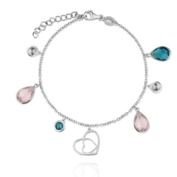 Pulsera plata Ley 925m rodiada Verutia Gante 16.5cm. corazones unidos piedras colores circonitas