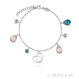 Pulsera plata Ley 925m rodiada Verutia Gante 16.5cm. corazones unidos piedras colores circonitas