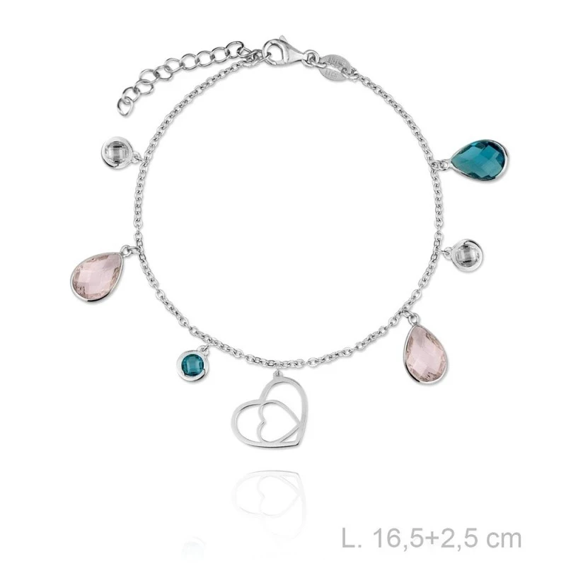 Pulsera plata Ley 925m rodiada Verutia Gante 16.5cm. corazones unidos piedras colores circonitas