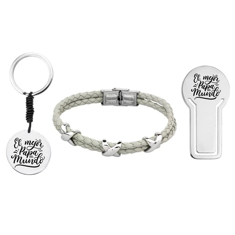 Pack padre marcapáginas pulsera llavero acero inox. rodiado EL MEJOR