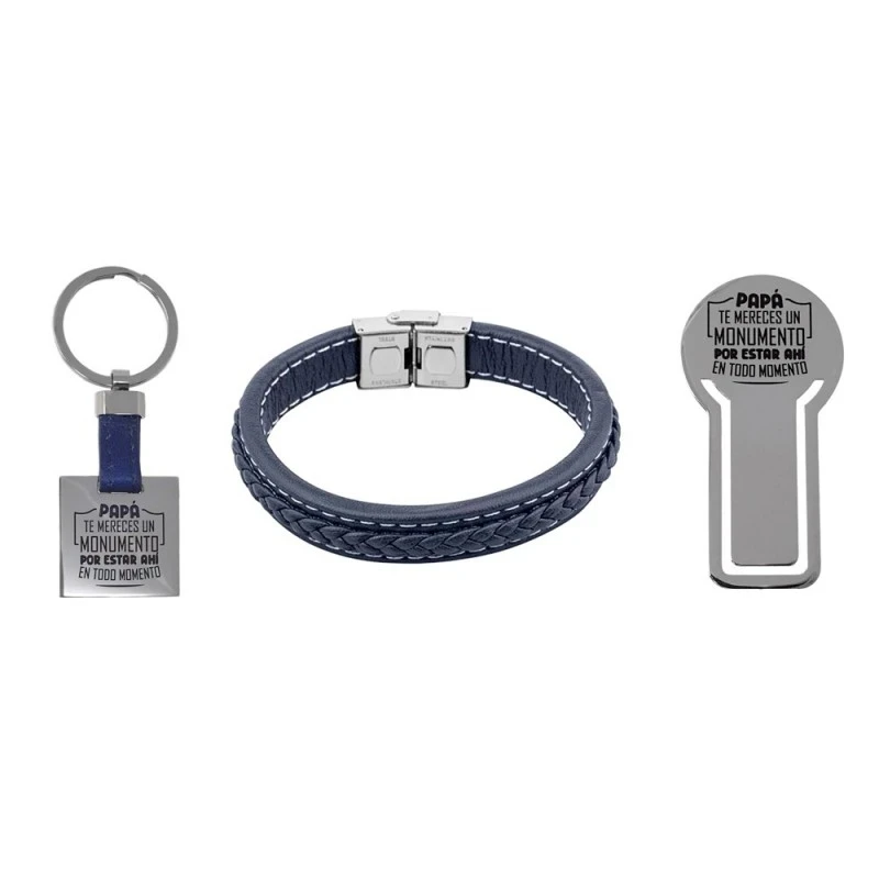 Pack padre marcapáginas pulsera llavero acero inoxidable rodiado cole