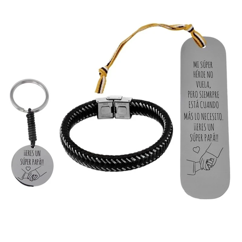 Pack padre marcapáginas pulsera llavero acero inoxidable rodiado ERES