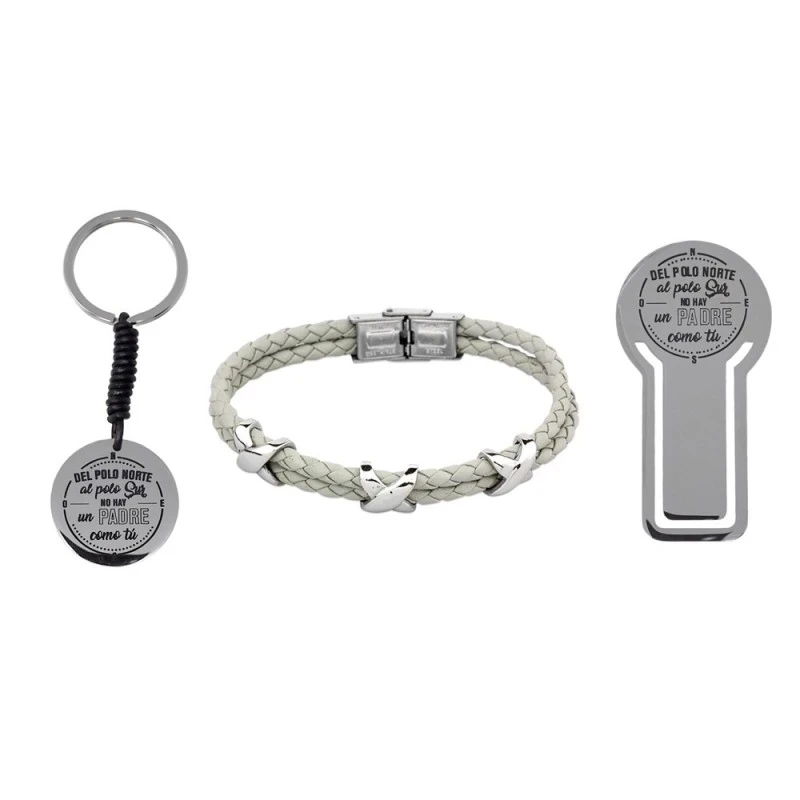 Pack padre marcapáginas pulsera llavero acero inoxidable rodiado NO H