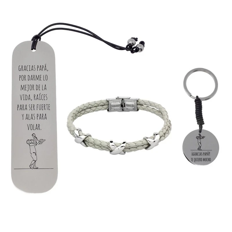 Pack padre marcapáginas pulsera llavero acero inoxidable rodiado GRAC
