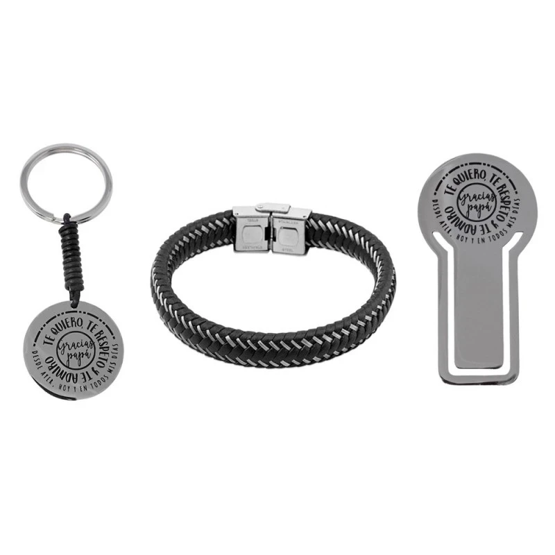 Pack padre marcapáginas pulsera llavero acero inoxidable rodiado GRAC