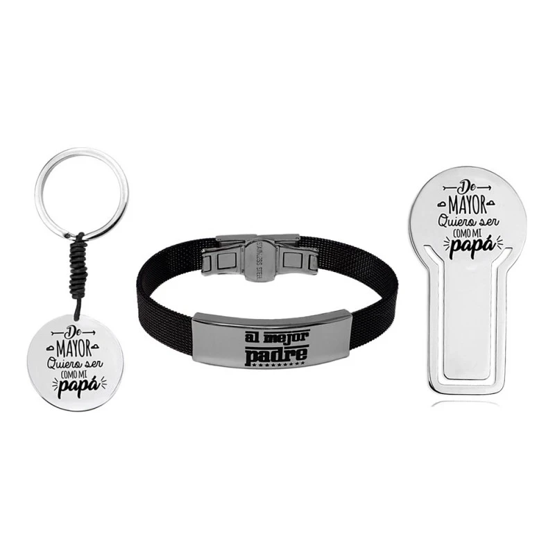Pack padre marcapáginas pulsera llavero acero inoxidable rodiado dedi