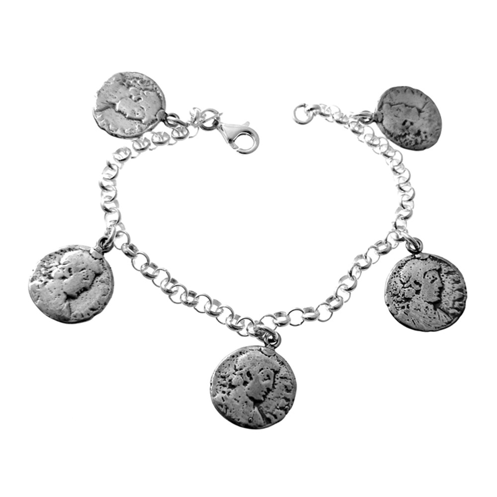 Pulsera plata Ley 925m cadena rolo lisa charm monedas colgando estilo  antiguas cierre mosquetón