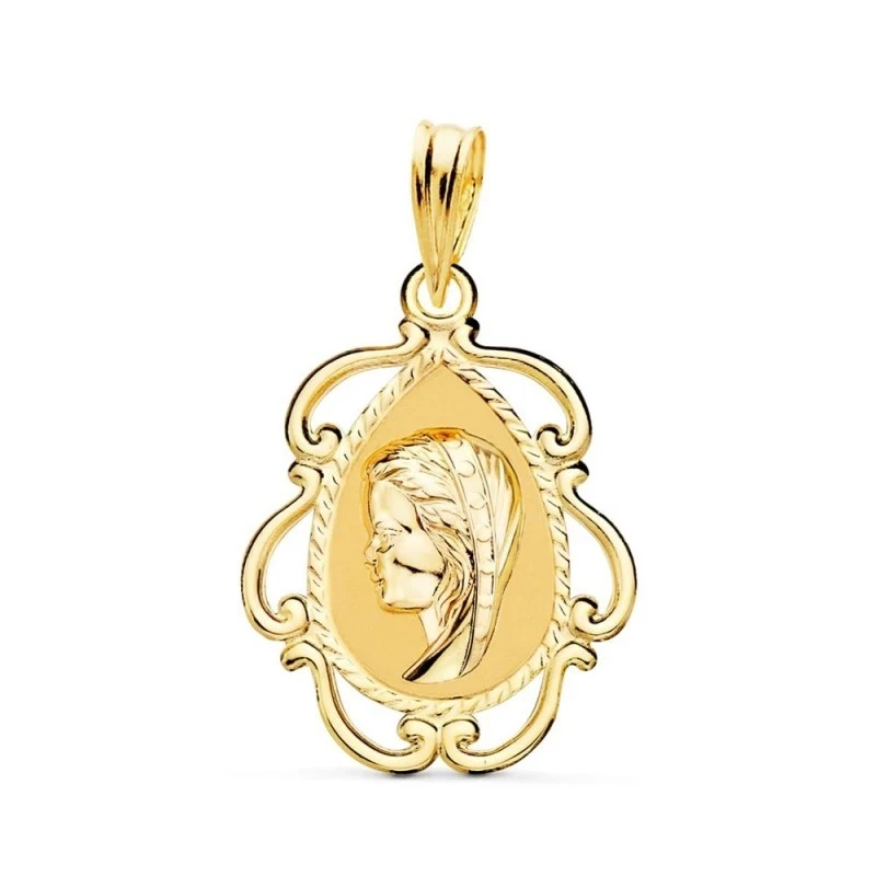 Virgen Niña medalla oro 18k Primera Comunión colgante 22 mm. cerco ca