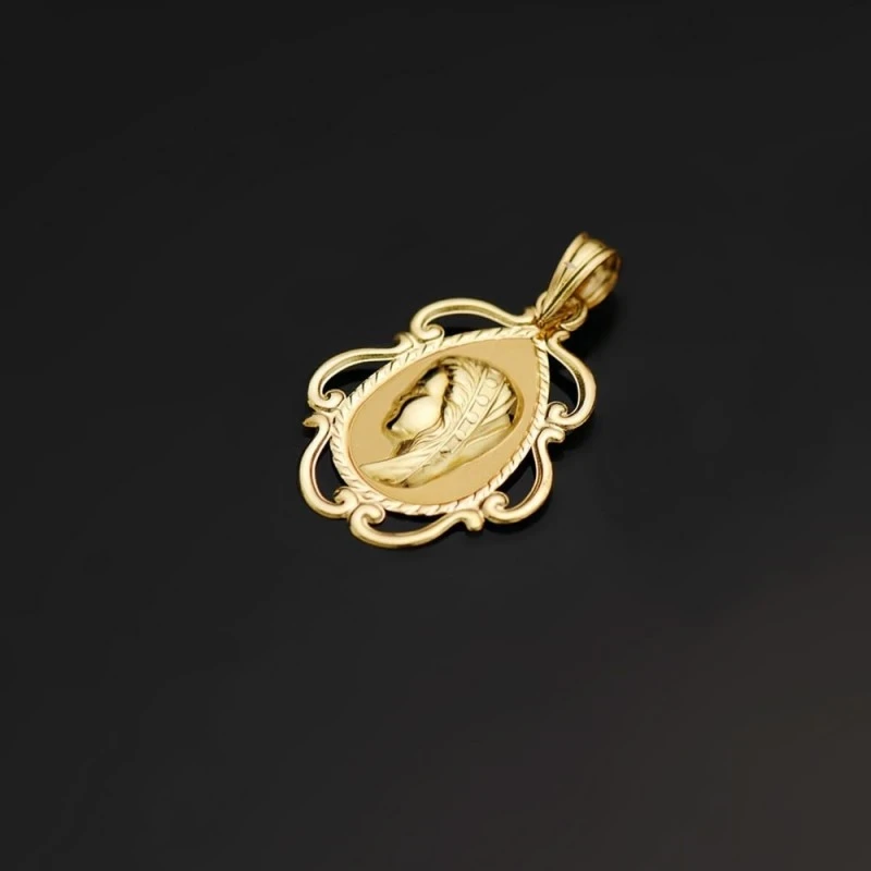 Virgen Niña medalla oro 18k Primera Comunión colgante 22 mm. cerco ca