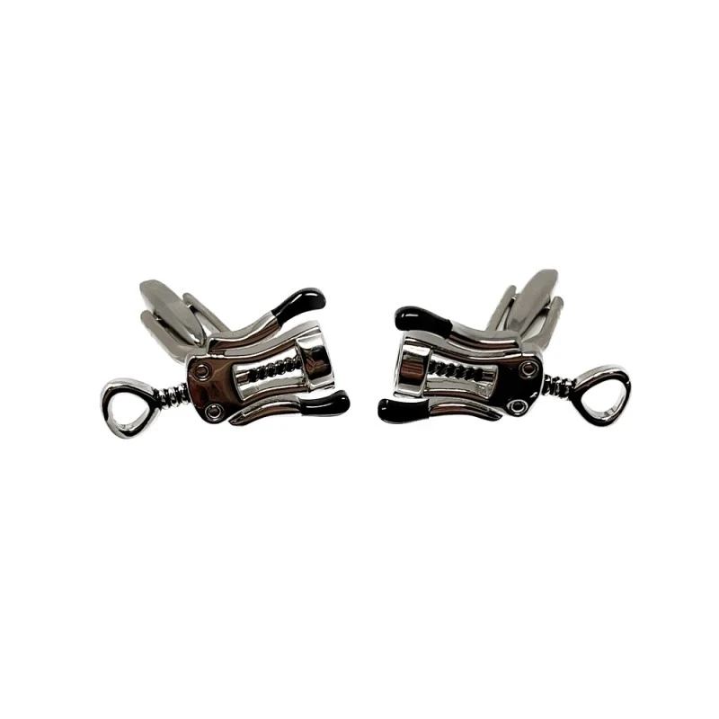 Gemelos metálicos sacacorchos 24 mm. plateados detalles negro esmalte