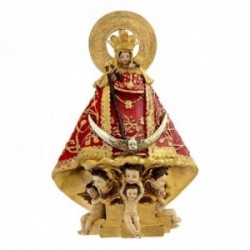 Figura Virgen de la Montaña imagen 17cm. manto rojo dorado ángeles adorno resina peana decoración